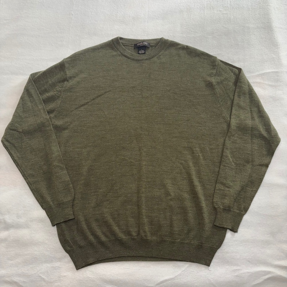 Murano Italia Mens L Olive Green Wool Blend Crewneck Sweater Made in Italy VTG